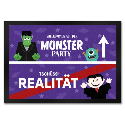 Willkommen auf der Monsterparty Ortsschild Fußmatte in 35x50 cm mit Spruch