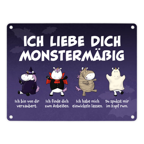 Einhorn-Monster Metallschild in 15x20 cm mit Spruch Ich liebe dich monstermäßig