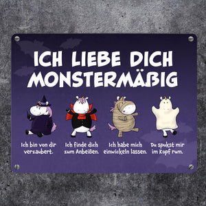 Einhorn-Monster Metallschild in 15x20 cm mit Spruch Ich liebe dich monstermäßig