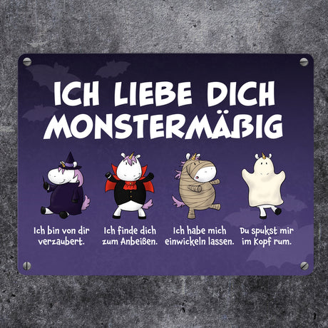 Einhorn-Monster Metallschild in 15x20 cm mit Spruch Ich liebe dich monstermäßig