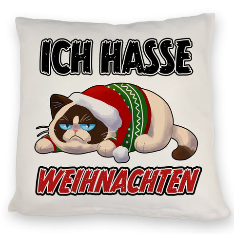 Grimmige Katze Kissen mit Spruch Ich hasse Weihnachten