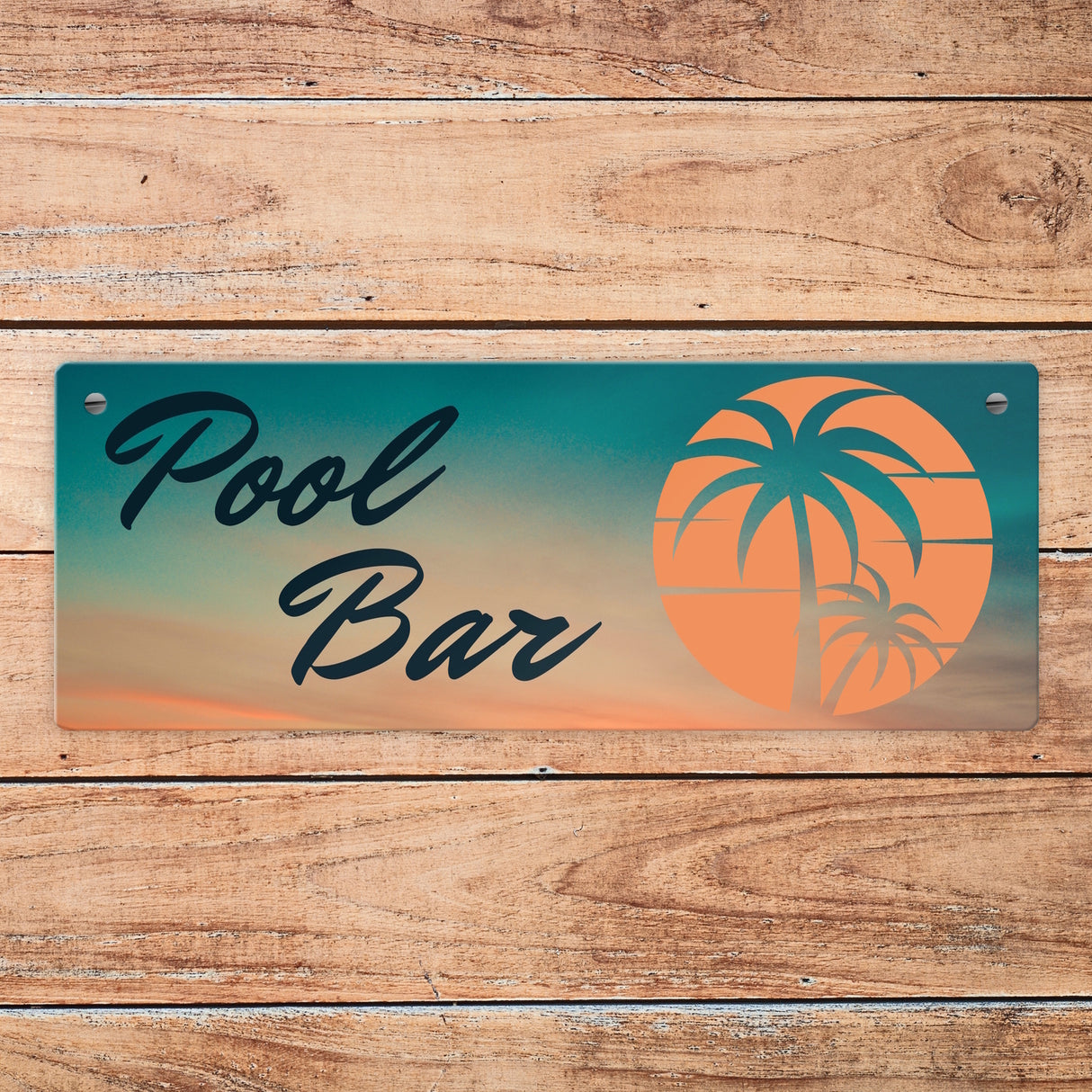 Pool Bar Metallschild mit Sonnenaufgang und Palmen