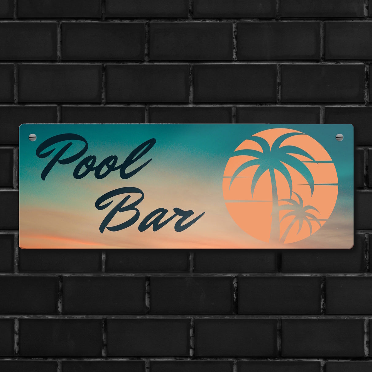 Pool Bar Metallschild mit Sonnenaufgang und Palmen