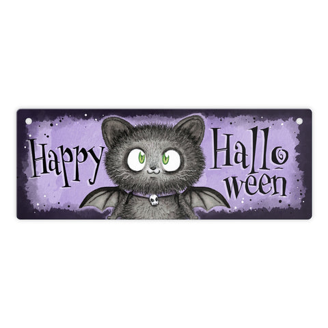 Happy Halloween Metallschild mit schwarzer Fledermaus-Katze