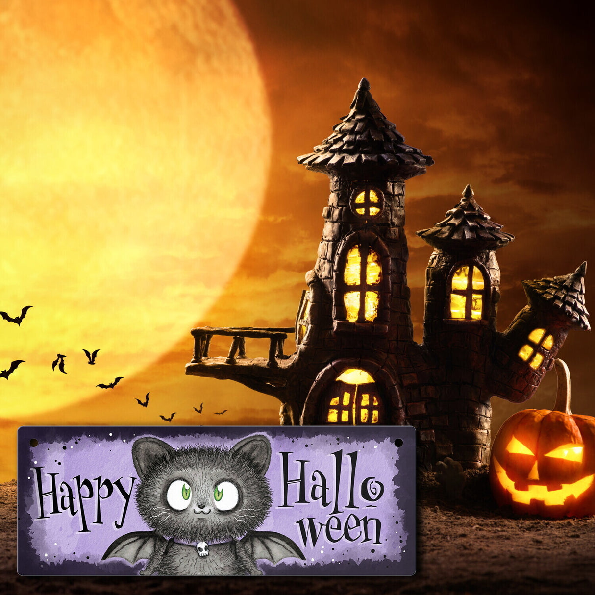 Happy Halloween Metallschild mit schwarzer Fledermaus-Katze
