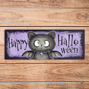 Happy Halloween Metallschild mit schwarzer Fledermaus-Katze