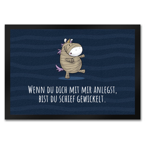 Einhorn-Mumie Fußmatte in 35x50 cm mit Spruch Du bist schief gewickelt