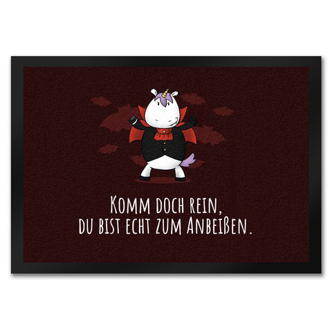 Einhorn-Vampir Fußmatte in 35x50 cm mit Spruch Du bist echt zum Anbeißen