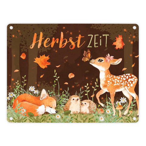 Tiere des Waldes Metallschild in 15x20 cm mit Spruch Herbstzeit