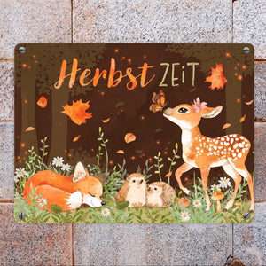 Tiere des Waldes Metallschild in 15x20 cm mit Spruch Herbstzeit