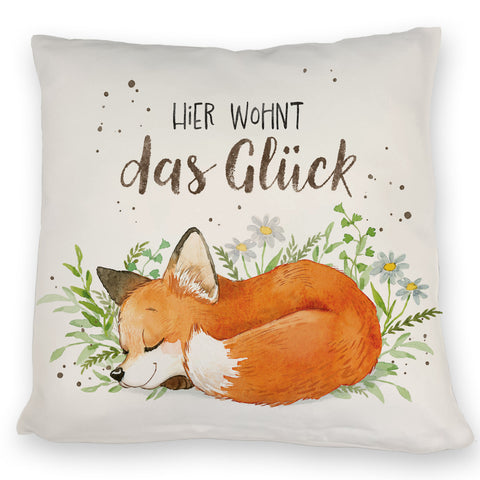 Hier wohnt das Glück Kissen mit Fuchs im Aquarell-Stil