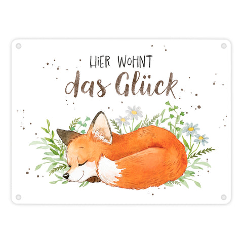 Fuchs Metallschild in 15x20 cm mit Spruch Hier wohnt das Glück