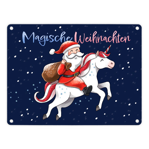 Weihnachtsmann auf Einhorn Metallschild in 15x20 cm mit Spruch Magische Weihnachten