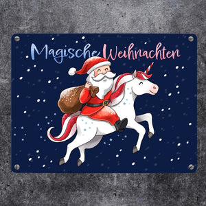 Weihnachtsmann auf Einhorn Metallschild in 15x20 cm mit Spruch Magische Weihnachten