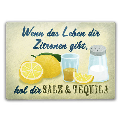 Zitronen Schneidebrett aus Glas mit Spruch hol Salz & Tequila