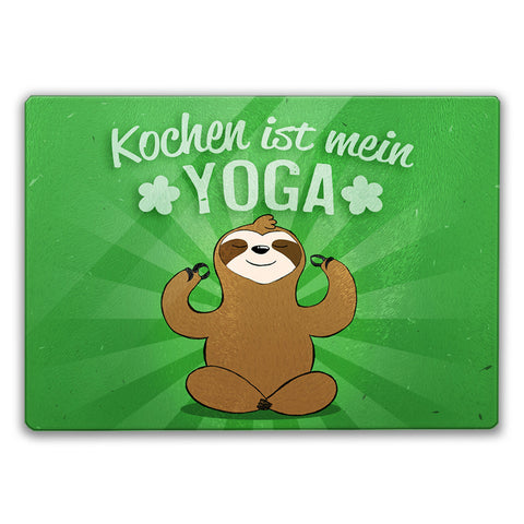 Kochen ist mein Yoga Schneidebrett aus Glas mit niedlichem Faultier
