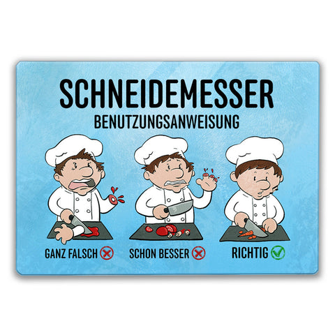 Benutzeranweisung Schneidebrett aus Glas mit humorvoller Illustration