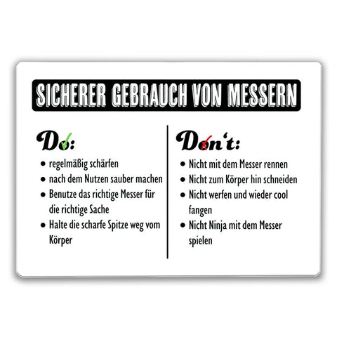 Messergebrauch Schneidebrett aus Glas mit Do's und Don'ts beim Benutzen von Messern