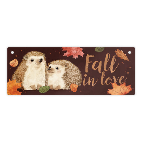 Igel im Herbst Metallschild mit Spruch Fall in love