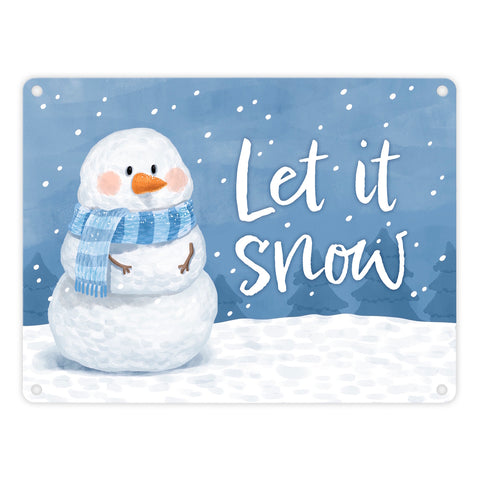 Schneemann im Winter Metallschild in 15x20 cm mit Spruch Let it snow