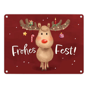 Rentier mit Weihnachtsschmuck Metallschild in 15x20 cm mit Spruch Frohes Fest