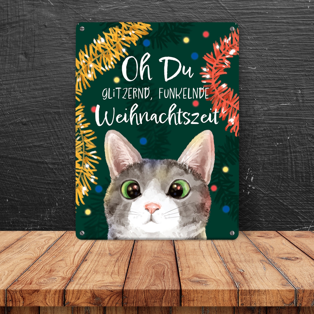Oh Du glitzernd funkelnde Weihnachtszeit Katze Metallschild in 15x20 cm