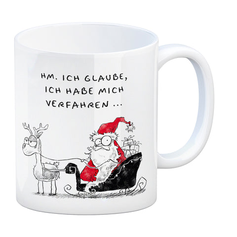 Weihnachtsmann im Schlitten Kaffeebecher mit Spruch Habe mich verfahren