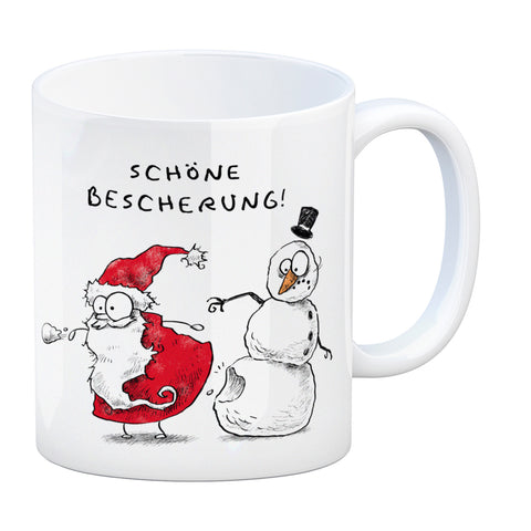 Weihnachtsmann und Schneemann Kaffeebecher mit Spruch Schöne Bescherung