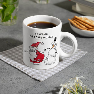 Weihnachtsmann und Schneemann Kaffeebecher mit Spruch Schöne Bescherung
