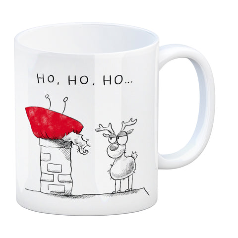 Weihnachtsmann im Kamin Kaffeebecher mit Spruch HO HO HO