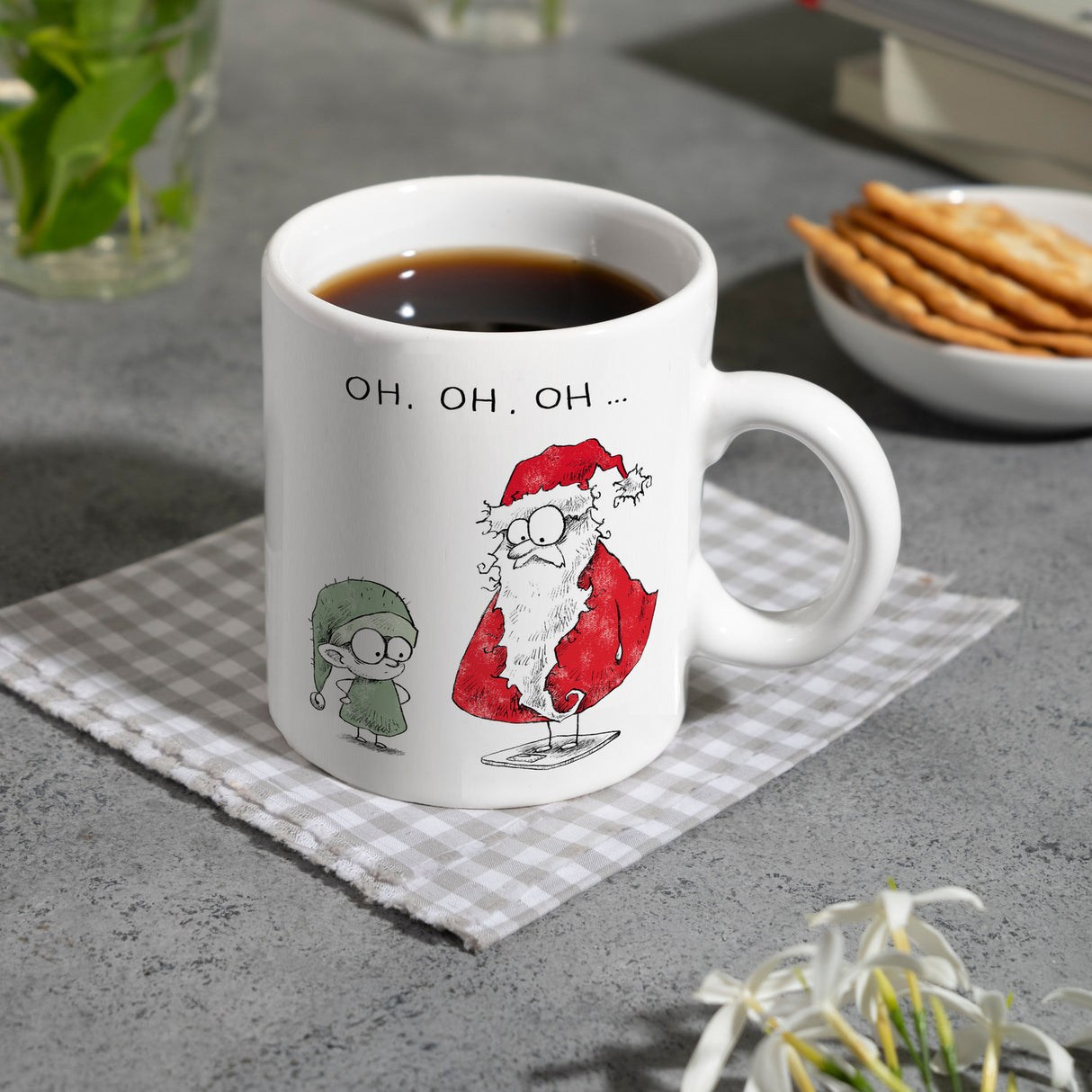 Weihnachtsmann und Elf Kaffeebecher mit Spruch OH OH OH