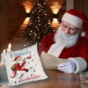 Weihnachtsmann auf Einhorn Kissen mit Spruch Magische Weihnachten