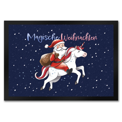 Weihnachtsmann auf Einhorn Fußmatte in 35x50 cm mit Spruch Magische Weihnachten