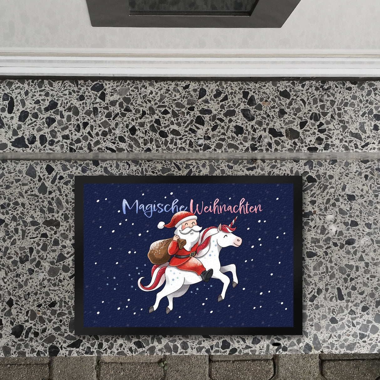 Weihnachtsmann auf Einhorn Fußmatte in 35x50 cm mit Spruch Magische Weihnachten