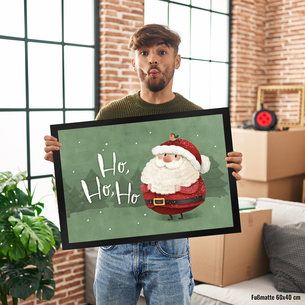 Weihnachtsmann mit Rotkehlchen Fußmatte in 35x50 cm mit Spruch Ho Ho Ho