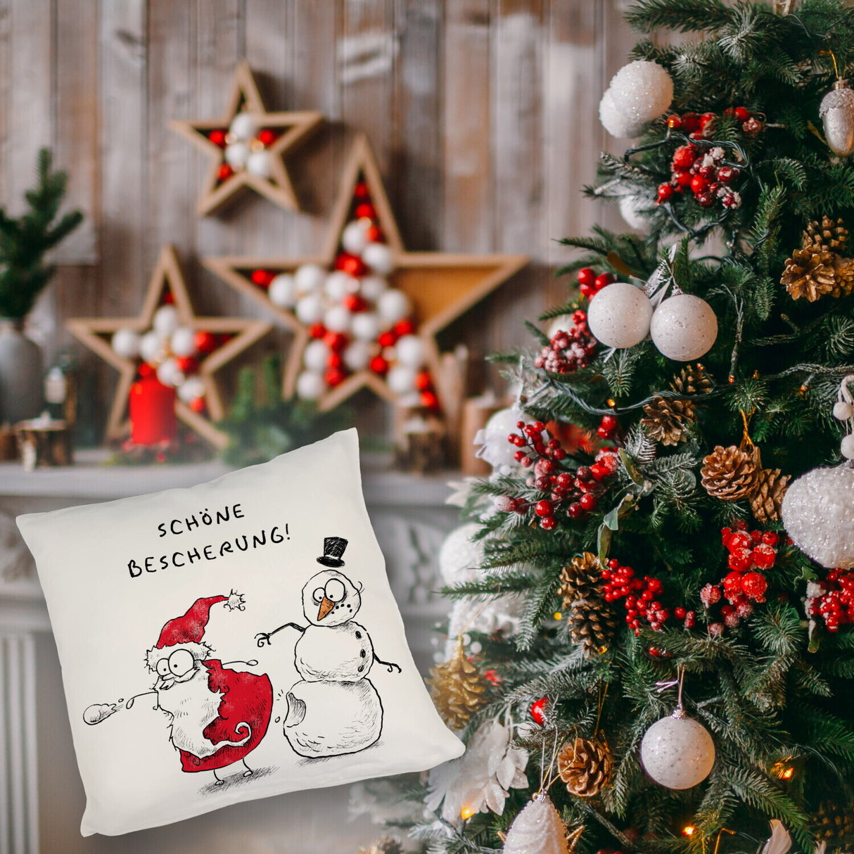 Weihnachtsmann und Schneemann Kissen mit Spruch Schöne Bescherung