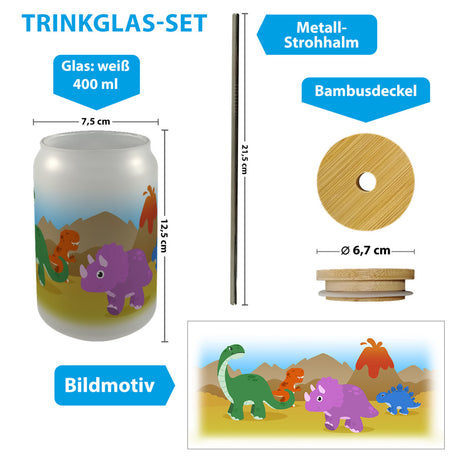 Dino Trinkglas mit Bambusdeckel mit bunten Dinosauriern