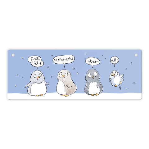 Pinguin Familie Metallschild mit Spruch Fröhliche Weihnacht überall