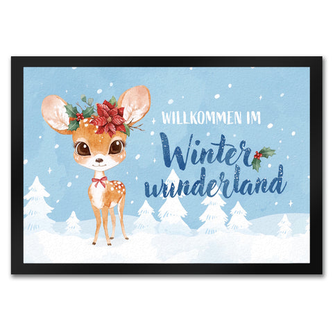 Rehkitz Fußmatte in 35x50 cm mit Spruch Willkommen im Winterwunderland