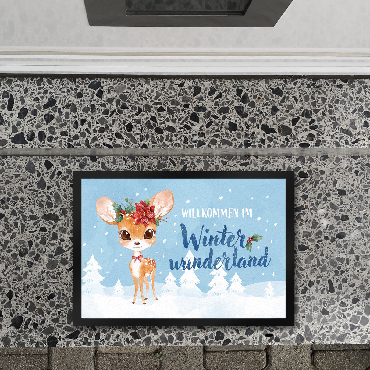 Rehkitz Fußmatte in 35x50 cm mit Spruch Willkommen im Winterwunderland