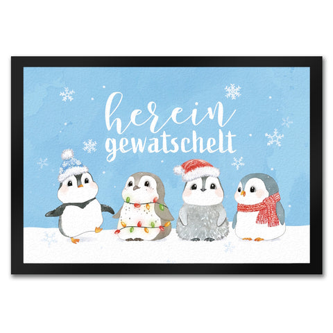 Pinguin Familie Fußmatte in 35x50 cm mit Spruch Hereingewatschelt