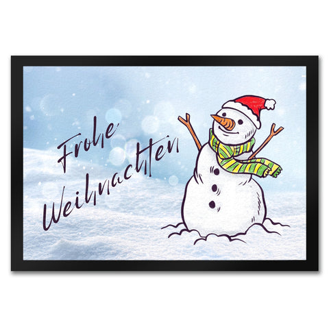 Schneemann mit Mütze Fußmatte in 35x50 cm mit Spruch Frohe Weihnachten