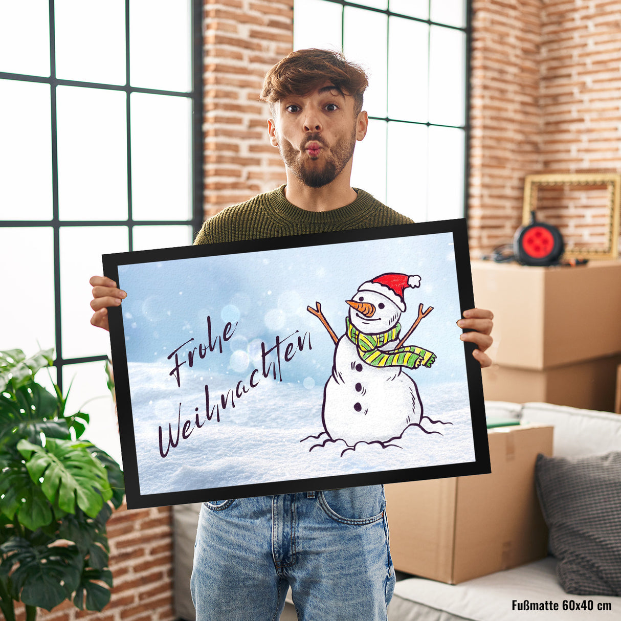 Schneemann mit Mütze Fußmatte in 35x50 cm mit Spruch Frohe Weihnachten