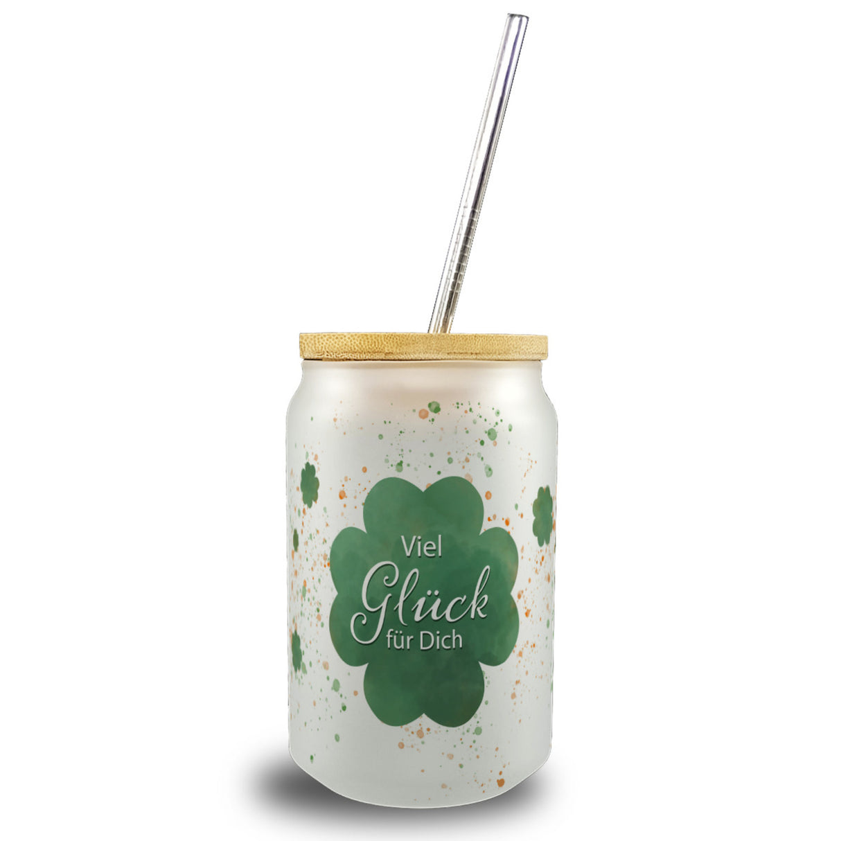 Kleeblatt Trinkglas mit Bambusdeckel mit Spruch Viel Glück für Dich