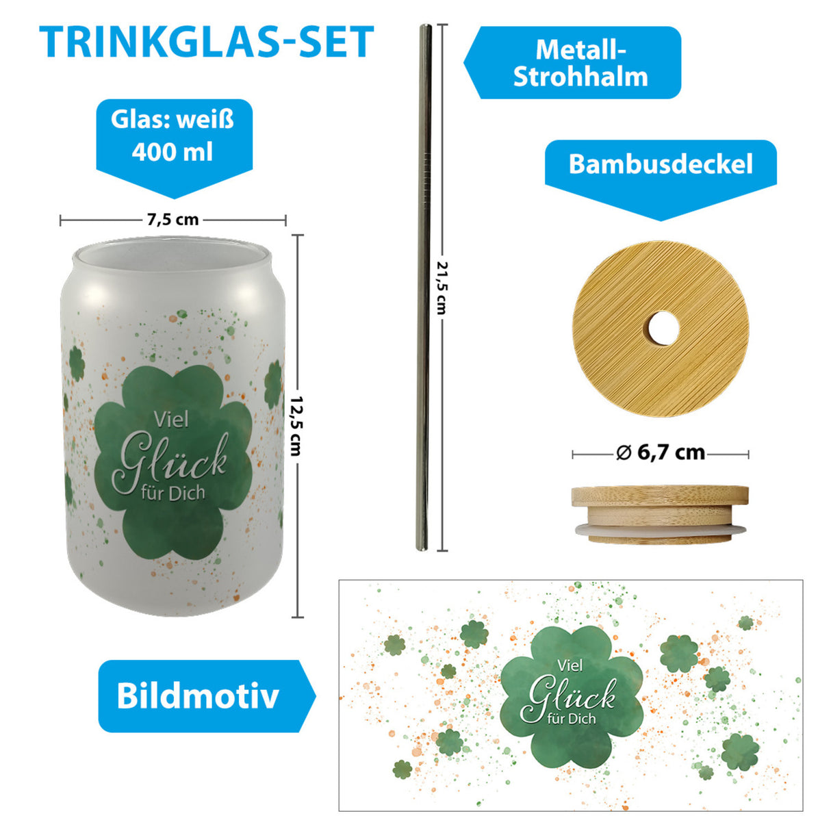 Kleeblatt Trinkglas mit Bambusdeckel mit Spruch Viel Glück für Dich