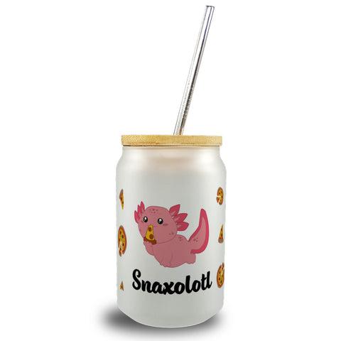 Axolotl Trinkglas mit Bambusdeckel mit Spruch Snaxolotl