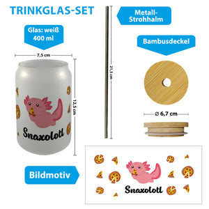 Axolotl Trinkglas mit Bambusdeckel mit Spruch Snaxolotl