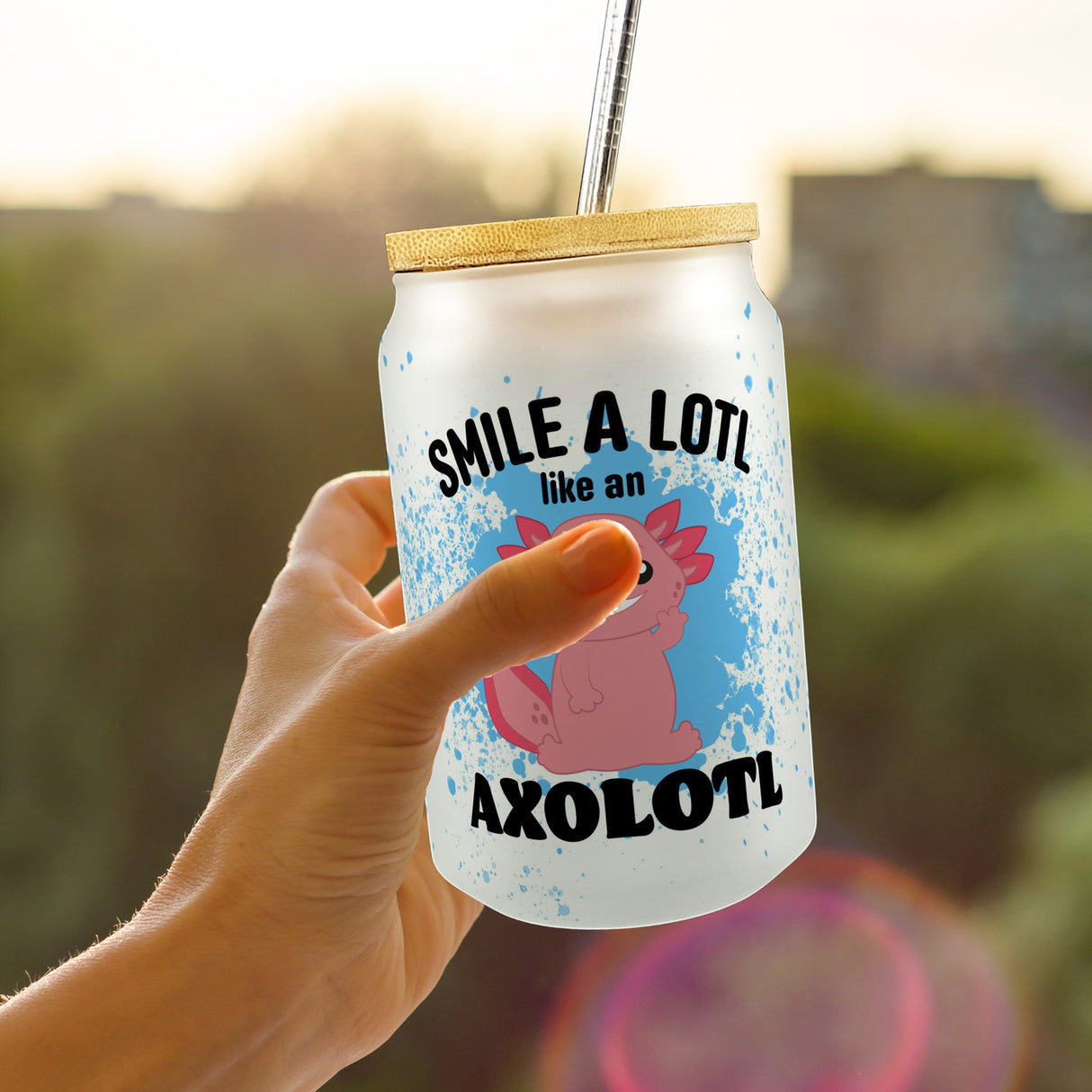 Axolotl Trinkglas mit Bambusdeckel mit Spruch Smile a lotl like an Axolotl