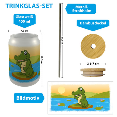 Krokodil Trinkglas mit Bambusdeckel