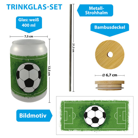 Fußball mit Fußballfeld Trinkglas mit Bambusdeckel
